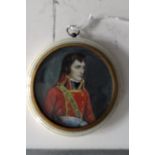 P M on ivory in round ivory frame a young Napoleon in scarlet uniform signed lower right