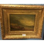 Oil on canvas seascape signed lower left SH Bell 1823-1896 fishing boat and two fishermen beached