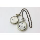 A nickel cased 'Railway' open face watch signed John Elkan, London on a silver chain and a chrome
