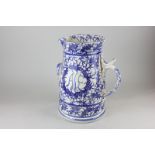 A large pottery blue and white jug marked Ale, the base stamped Etruria, England 32cm