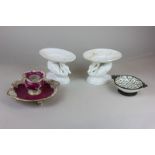 Two Copeland porcelain oval sweet dishes with supports in the form of swans, (one dish a/f with