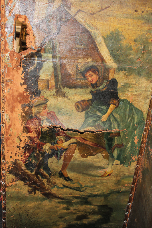 A four-panel painted leather room screen with arched top decorated with ladies and gentlemen in - Image 2 of 5