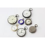 A lady's Swiss 18ct gold open face fob watch; a Swiss silver and enamel fob watch; three silver open