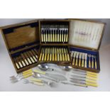 Three silver plated part cased fish and dessert knives and forks together with assorted other silver