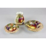 Three pieces of Royal Worcester porcelain all hand painted with designs of fruit, each piece