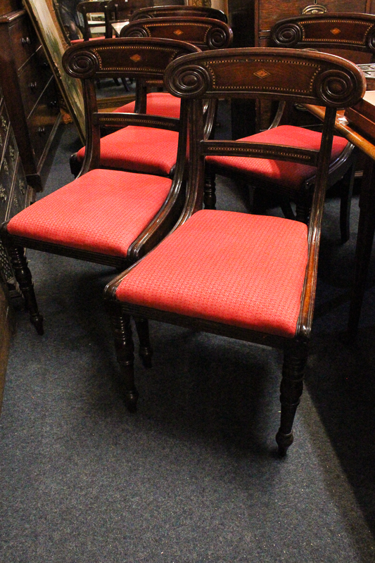 A set of five 19th century mahogany dining chairs, with inlaid back rail, drop-in upholstered
