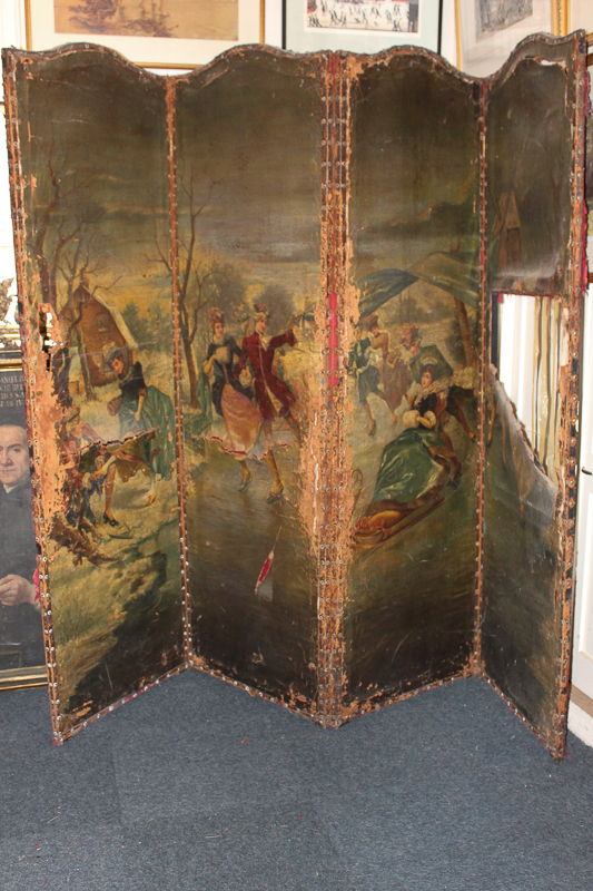 A four-panel painted leather room screen with arched top decorated with ladies and gentlemen in