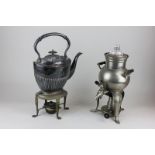 A silver plated kettle on stand, with spirit burner to base, on paw feet, 35cm, and a small
