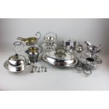 A collection of silver plated tableware, to include two sauce boats, a crumpet dish and cover, two