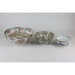 Three various oriental porcelain bowls including a Cantonese famille rose bowl, a Japanese Imari