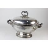 A silver plated oval two-handled pedestal tureen and cover with double scroll handle and gadroon