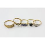 An illusion set diamond single stone ring in 18ct gold, a gem set signet ring a sapphire ring and