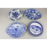 A Caughley blue and white plate with scalloped edges and floral motif, crescent and floral motif,