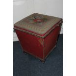 A Victorian workbox/stool, square shape, with rising upholstered tapestry top, tapered sides, on bun