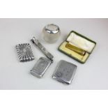 Three various silver vesta case, a cigar cutting tool, a silver mounted glass match strike and a 9ct