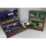A Kendal & Dent silver plated canteen for six in oak case, a silver plated part canteen in oak