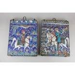 Two blue glazed Persian wall tiles possibly Qajar period, rectangular moulded in relief, one