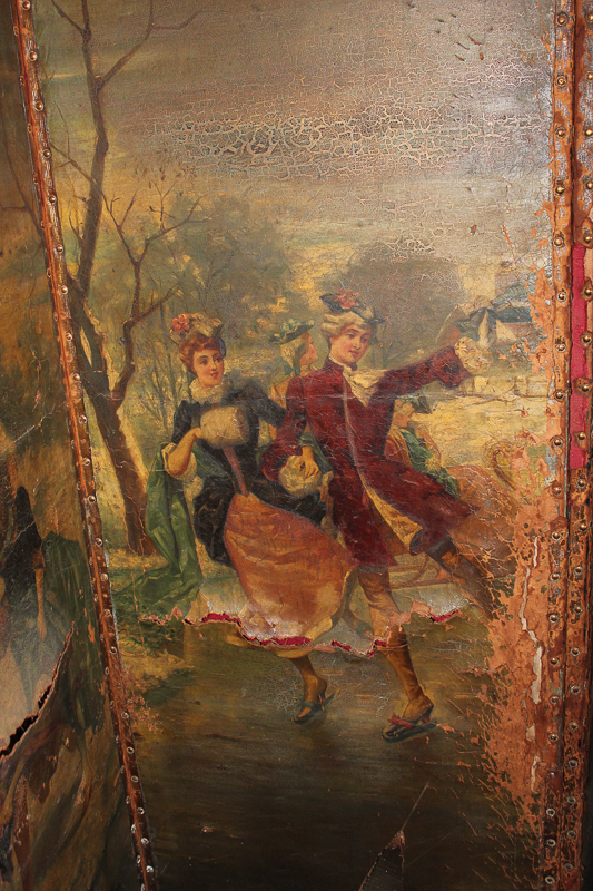 A four-panel painted leather room screen with arched top decorated with ladies and gentlemen in - Image 4 of 5