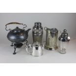 Five silver plated items; two cocktail shakers, a Victorian kettle on stand with burner, a wine