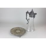A Victorian silver plate mounted etched glass claret jug with chimera shaped handle, and a silver