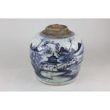 A Chinese blue and white pottery jar with cork stopper (no cover) (a/f) 20cm