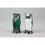 A pair of David Andersen silver and enamel owl salt and pepper in green and white, D A Norway,