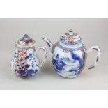 An oriental blue and white porcelain teapot, and similar jug, with gilt and red overlaid decoration,