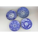 Four various Chinese blue and white plates decorated with phoenix, dragons and cherry blossom