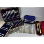 Three silver plated cased sets of fish knives and forks, fish servers and berry spoons, another part