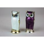 A pair of David Andersen silver and enamel owl salt and pepper in purple and white, D A Norway,