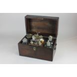 A 19th century apothecary box with fitted interior of jars and bottles, 28cm