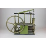 A brass scratch built  table top model of a steam engine, with beam and wheel, 48cm