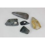 Five various flint axe heads one marked Mayan jade, another obsidian Mexico and malachite S.E. Asia