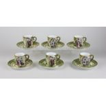 A Vienna porcelain coffee set for six, decorated with scenes of women working on a farm, with gilt