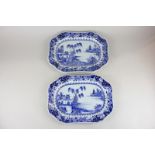 A pair of Chinese blue and white octagonal serving platters depicting a lakeside scene, 33cm