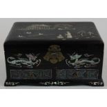 A small oriental mother of pearl inlaid box with two drawers at base, decorated with figures and