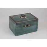 A 19th century green stained wooden tea caddy with central circular handle, the interior with single