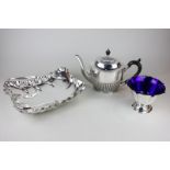 A Mappin & Webb silver plated teapot, a silver plated cake basket and pedestal bowl with blue