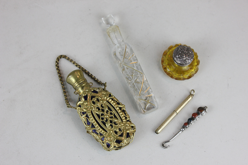 A French gilt and blue glass scent bottle, a 19th century Oxford lavender type glass scent bottle,