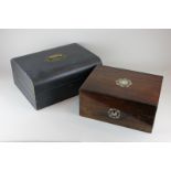 A 19th century blue leather stationery box with fitted interior and fold-out writing slope, brass