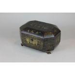 A Chinese black lacquered tea caddy containing two pewter canisters and lids, with gilt decoration