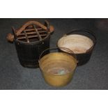 A wooden barrel bucket together with two 19th century bronze cooking pots