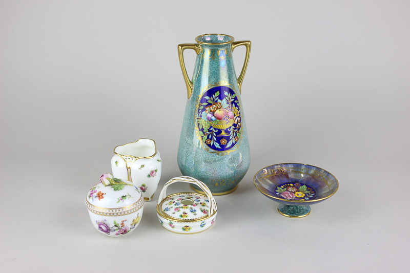 Two pieces of Minton porcelain with opalescent finish, two other small pieces of Minton porcelain