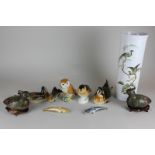 Three Russian porcelain models of birds, a Beswick owl, a pair of glass ducks, three Russian