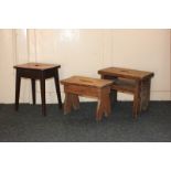 Two similar pine cut plank stools, rectangular tops with carrying holes, largest 38cm, and another