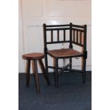 A bobbin turned corner chair, and a three legged stool