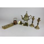 A pair of brass and stone candlesticks, a brass teapot and other small items of brass and copper