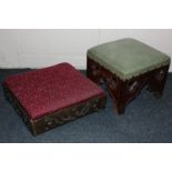 A carved wooden foot stool, with red upholstered top, 39cm , and another smaller stool with