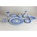 Seven small items of Wedgwood Jasper ware including vases and pots and covers, together with a