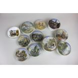 Ten various ceramic pot lids, four with pots, depicting nautical, countryside and village scenes,